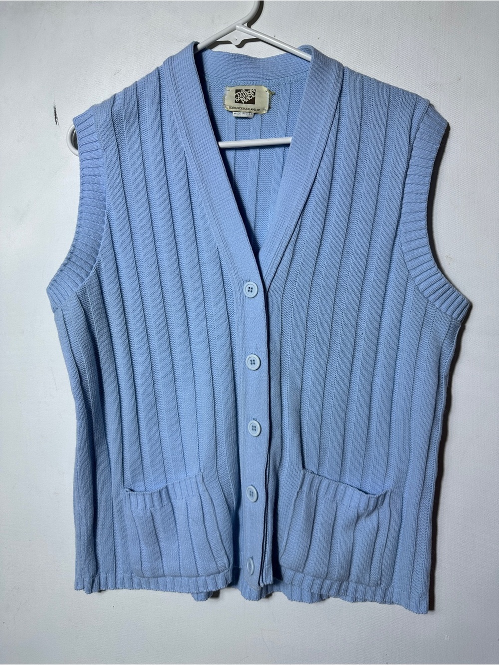 Light Blue Ribbed V-Neck Button-Up Sweater Vest
